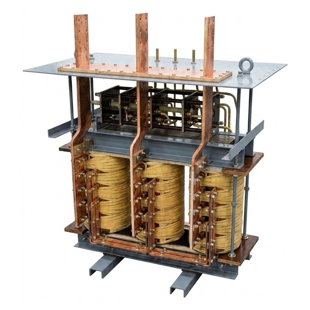 Three-phase dry-type power transformer, blue steel frame, copper windings